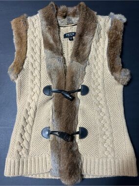 Cream Cable-Knit Fur-Trim Toggle Vest